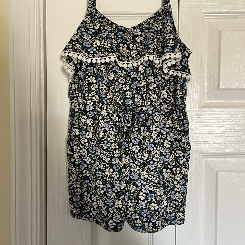 Kids Floral Pom-Trim One-Piece Romper - Navy/Blue